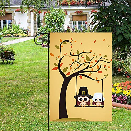 Shinesnow Lovely Cute Owl Tree Garden Yard Flag 12"X 18" Double Sided, Yellow Funny Thanksgiving Cartoon Polyester Welcome House Flag Banners For Patio Lawn Outdoor Home Decor #TOP2