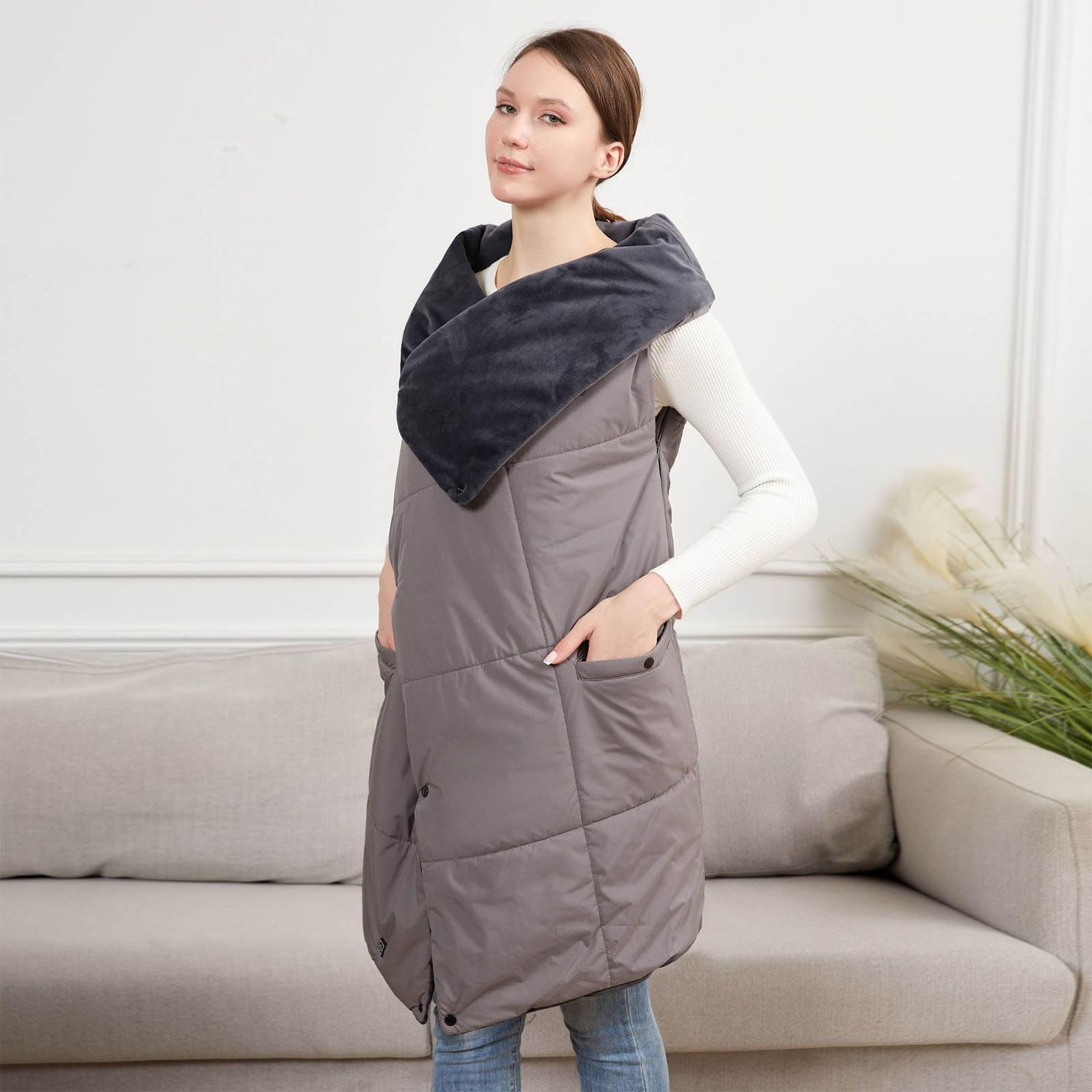 Gilet riscaldante elettrico, design foderato in pile, 9 V, sicuro, rapido calore, temperatura regolabile, lavabile in lavatrice, tessuto riscaldato per interni ed esterni