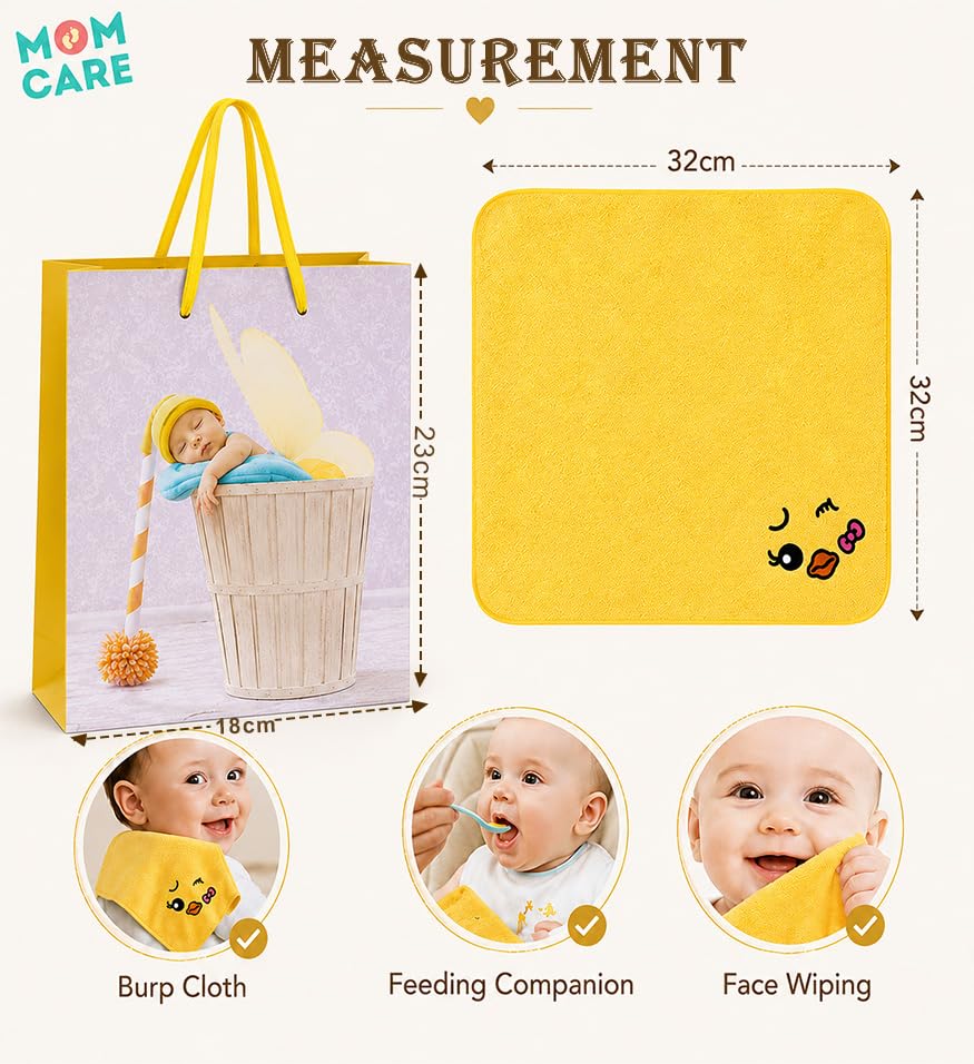 Image of MomCare Newborn Baby Gift Set with Premium Gift Bag & 3 Soft Cotton Baby Napkins, Cute Yellow Washcloth Handkerchief Towels for Infants, Baby Shower Gift, Welcome Baby Hamper for Boys & Girls Yellow Set 3 Pcs