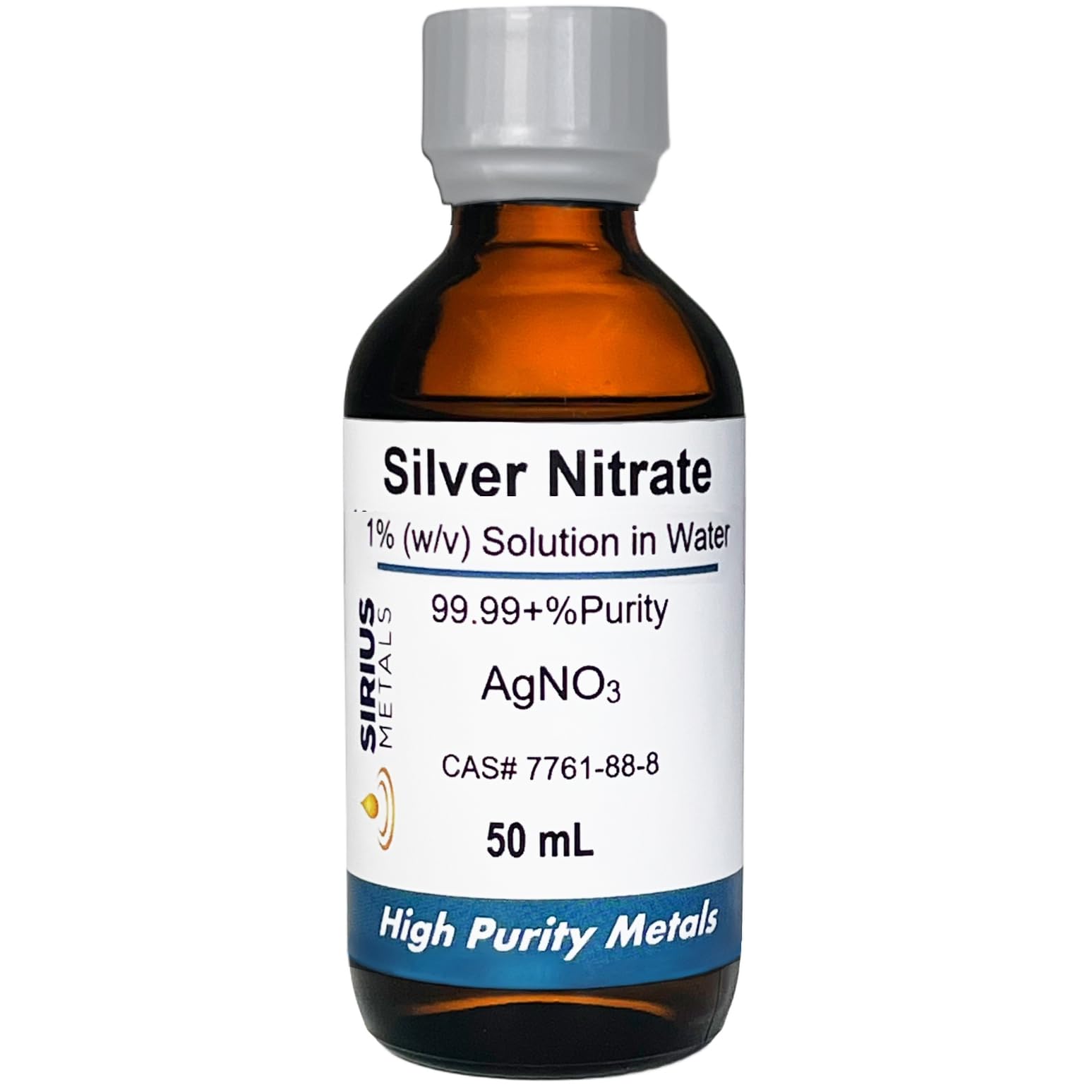 Silver Nitrate Solution (CAS# 7761-88-8) - 1.0% (w/v in Water) as AgNO3 (6.35% as Ag) - 99.99+% Purity: 50 mL in Amber Glass Bottle