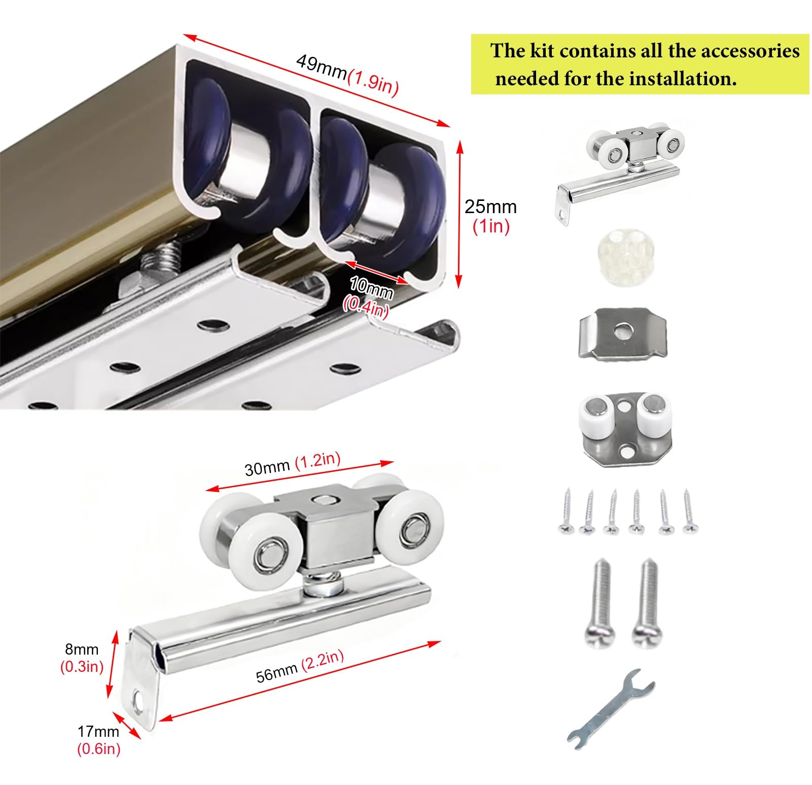 Guia Puerta Corredera Riel Deslizante Doble para Puerta Corredera Colgante, Kit de Guía Deslizante con Rodillos para Puertas Corredizas de Bolsillo de Alta Resistencia(276cm/9.1ft)