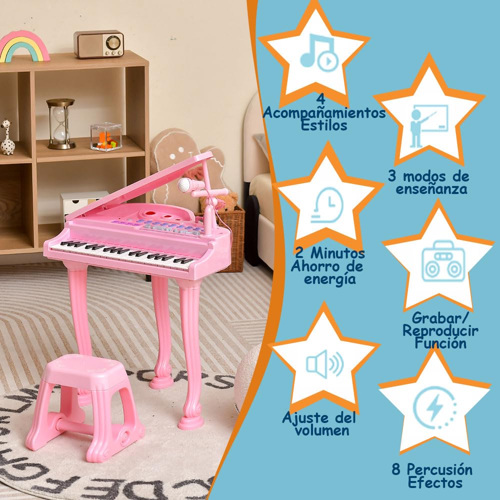 SOARS Piano pour Enfants 31 Touches, Clavier pour Enfant Électronique avec Microphone et Tabouret, Jouet Musical avec 3 Modes d'Enseignement et Fonction d'apprentissage Guidé par la Lumière, Rose