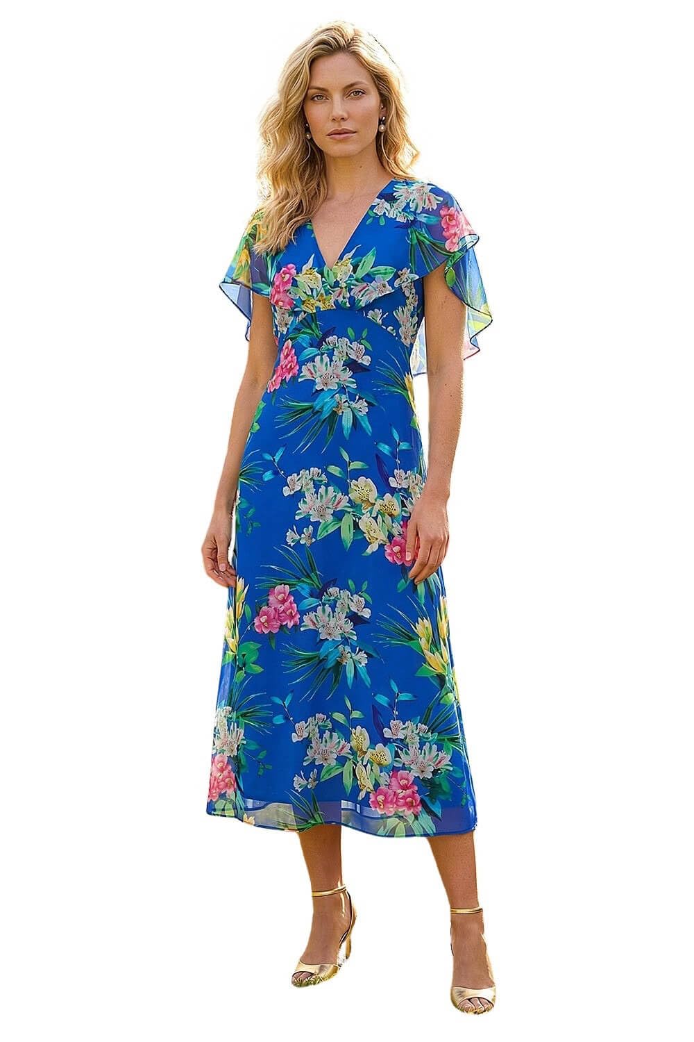 Roman Women's Blue Floral Chiffon Back Cape Dress Size 10