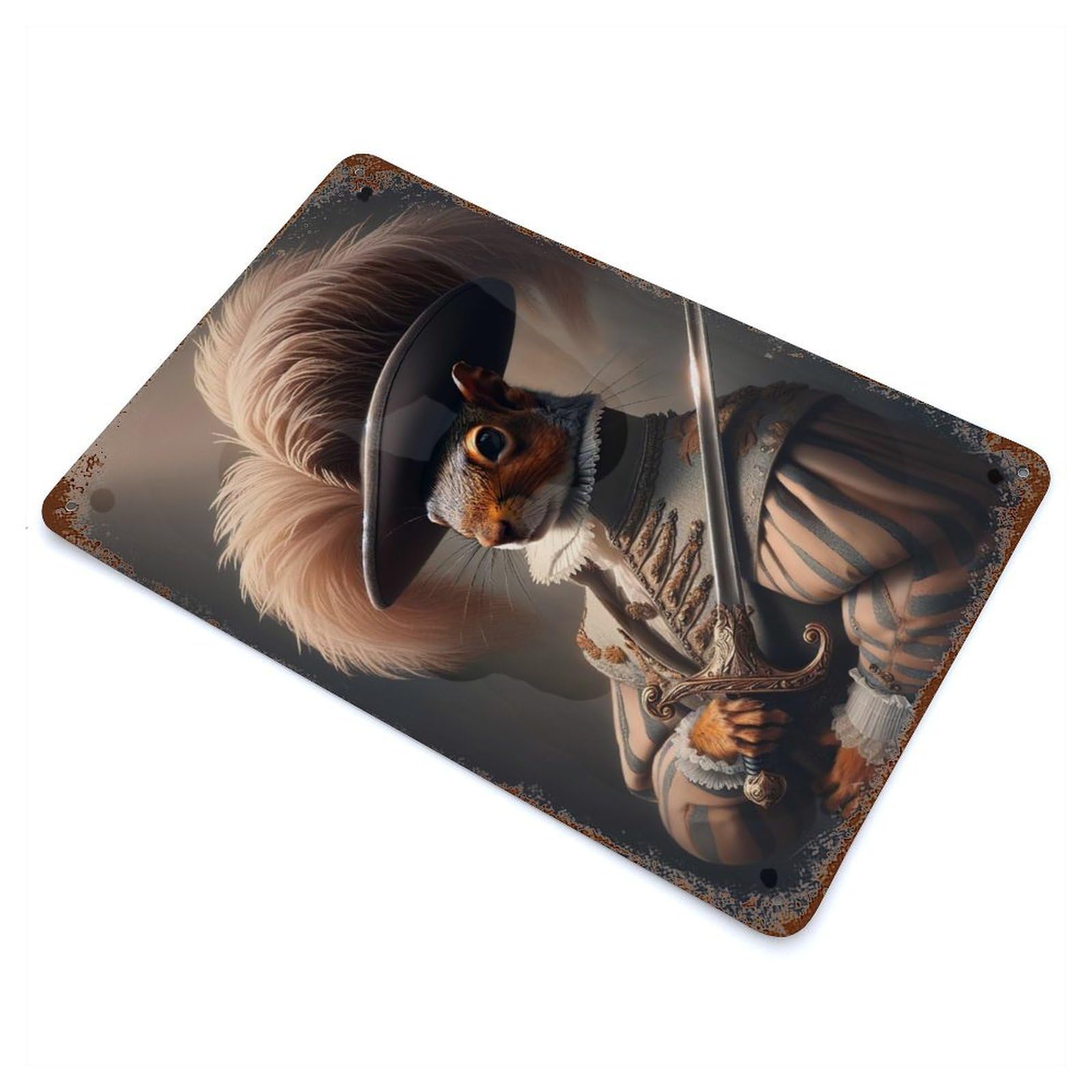 Squirrel As A Musketeer Rust Effect Tin Sign 11.8"x7.9", Ideal for Shed, Workshop And Garage Wall Decor