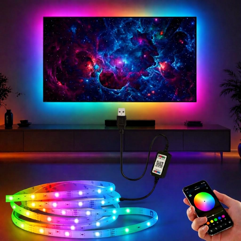 XERGY USB Powered Smart RGB LED Strip Lights with Mobile App Control, Music Sync Multi Color Changing- for TV Background, Mood Light, Cove Lighting & Ambient Light (2 Meter for 32-49" TV's)