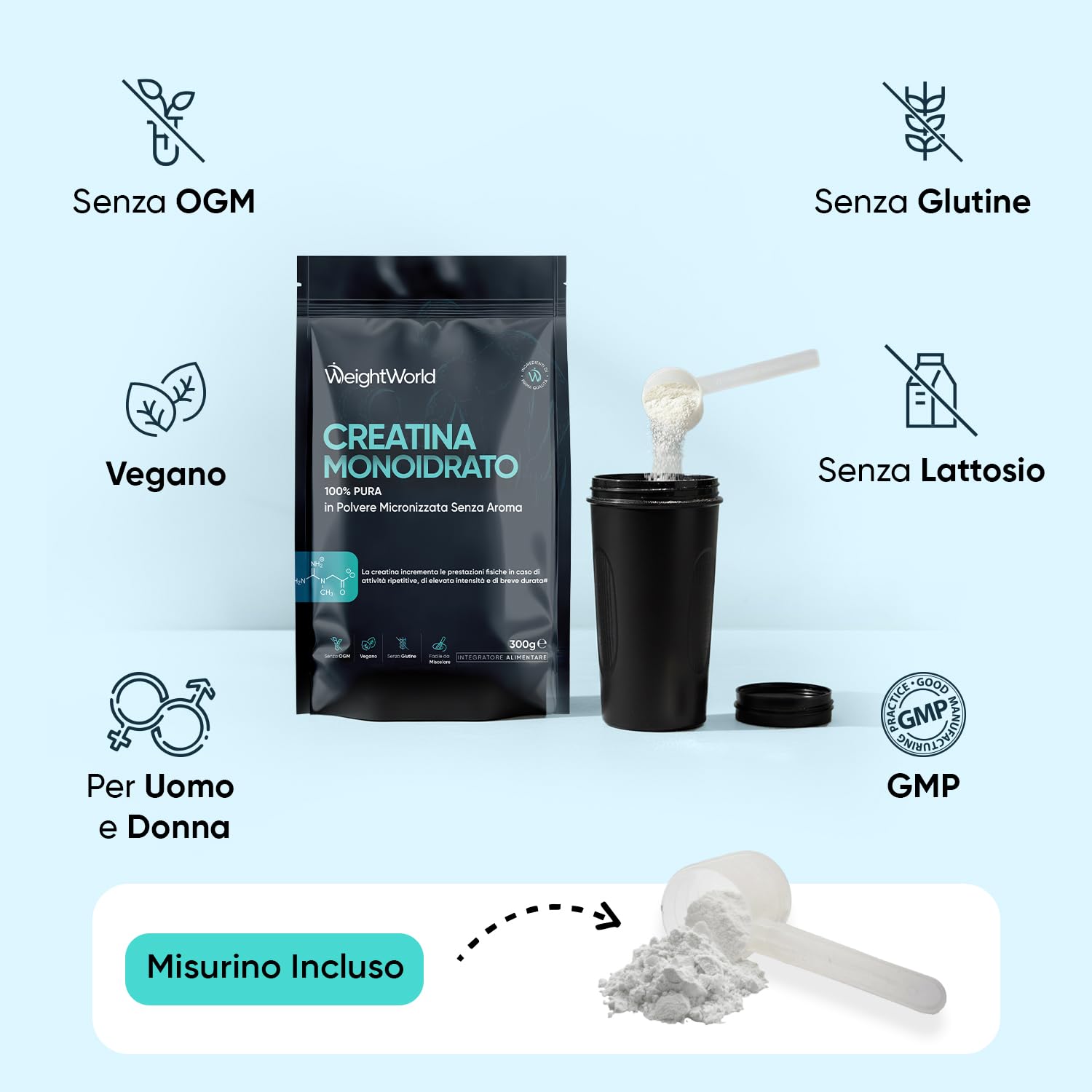 Creatina Monoidrata in Polvere 100% Pura, Vegana, 100 Dosi, Fattore di Maglia 200, 1 Solo Misurino al Giorno, Creatina in Polvere Micronizzata da 300g con Misurino, Pre Workout, Intra e Post Workout
