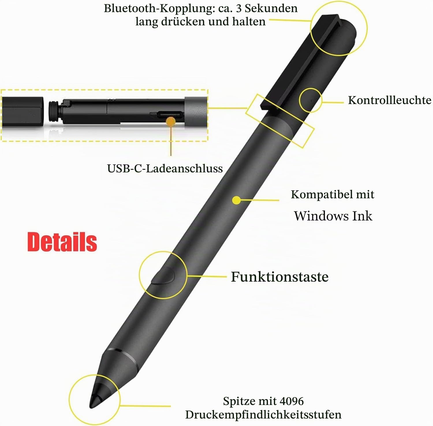 Tilt Pen für HP Tilt Pen (2MY21AA) Digitaler Eingabestift, 2 programmierbare Tasten, Bluetooth, aufladbar, Schwarz