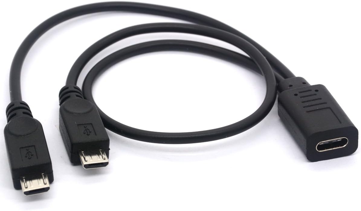 USB 2.0 Type C Female to Dual Micro USB Male Splitter Cable (2 Micro USB Splitter Extension Cord 12 Inch/ 8 Inch) - 1Ft