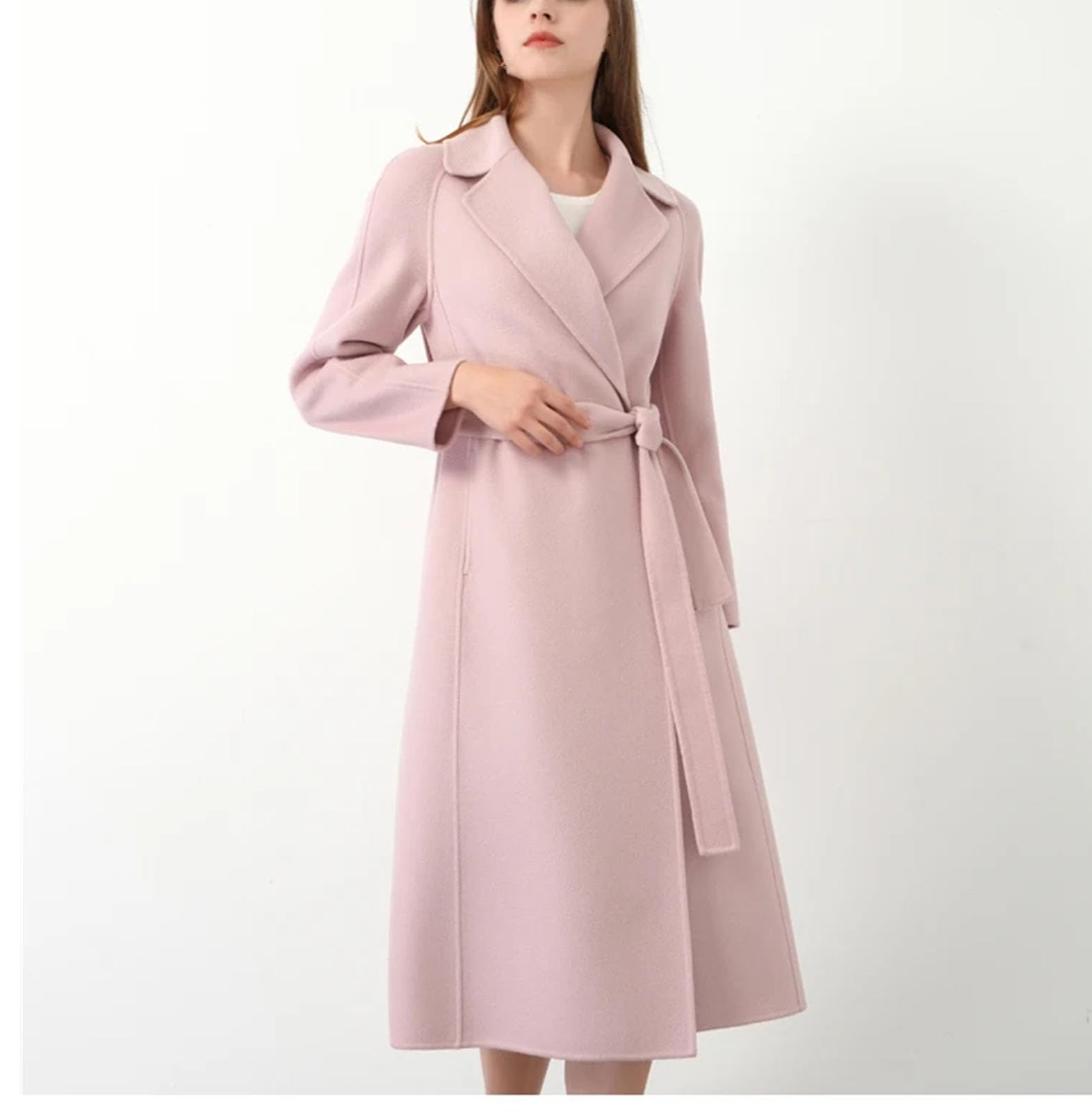 Inverno Doppio Lato Cashmere Cappotto Donna Rosa Lana Vestito Collare Di Mezza Lunghezza Lace-up Cappotto Eleganza Luce