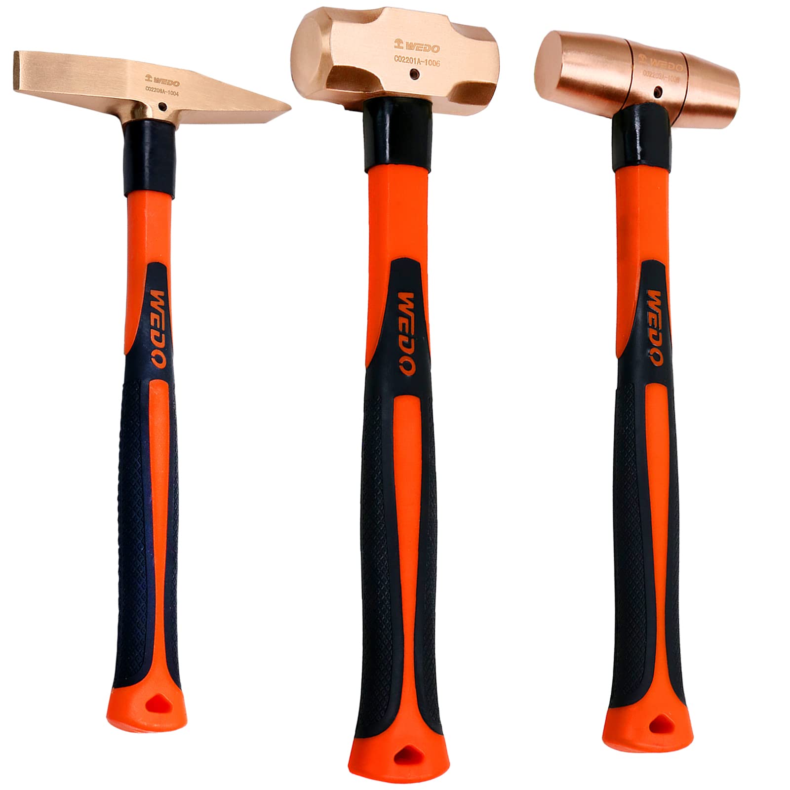 WEDO Juego de 3 martillos de cobre con mango de fibra deVidrio,martillo de trineo de 3lb,martillo tipo tambor de 2lb,martillo de escala de 300g,forjado a presión,resistente a la corrosión
