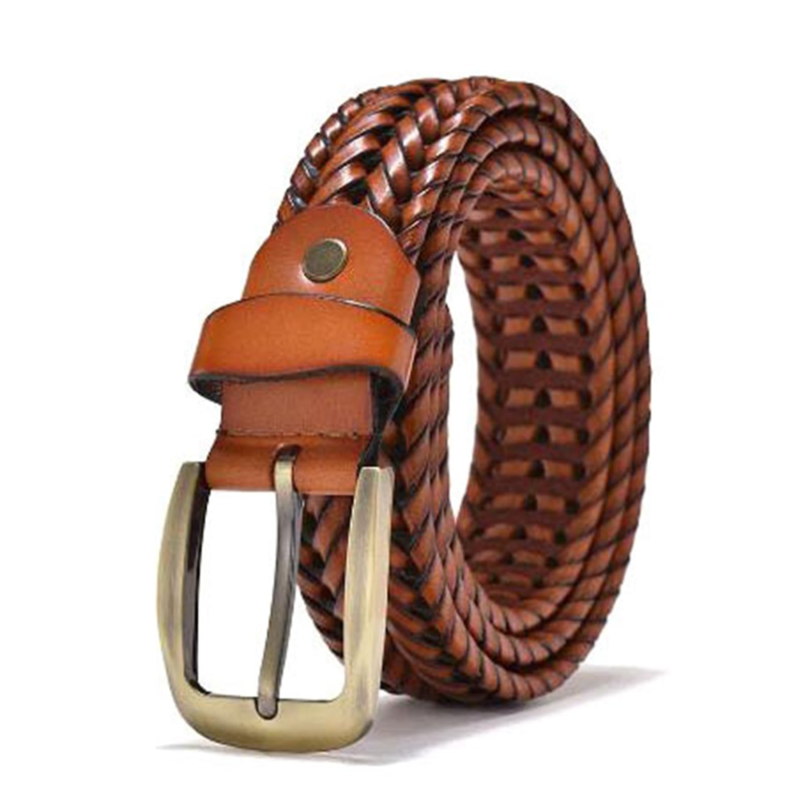 CdaTgley Men Braided Woven Genuine Leather Belt, 3.4cm Width (Brown, 125cm)
