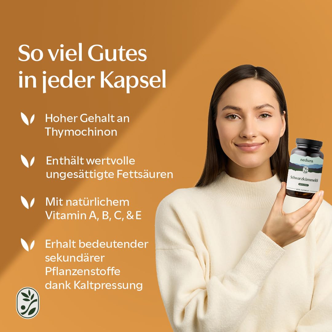 nedura® Schwarzkümmelöl Kapseln – Premium Schwarzkümmel aus dem Orient in eigener Deutscher Manufaktur kaltgepresst & abgefüllt – 400 Stück in veganer Kapselhülle – 1000 mg Tagesdosis