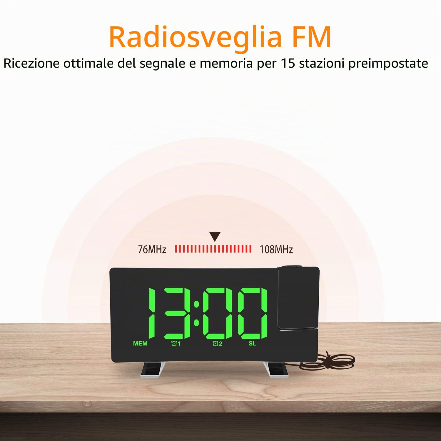 Sveglia con Proiettore Radiosveglia Sveglia Digitale da Comodino, Multifunzionale con Fm Radio 12/24H Display LED a 180°, 3 Livelli di Luminosità, 2 Allarmi e Uscita USB di Ricarica (Verde)