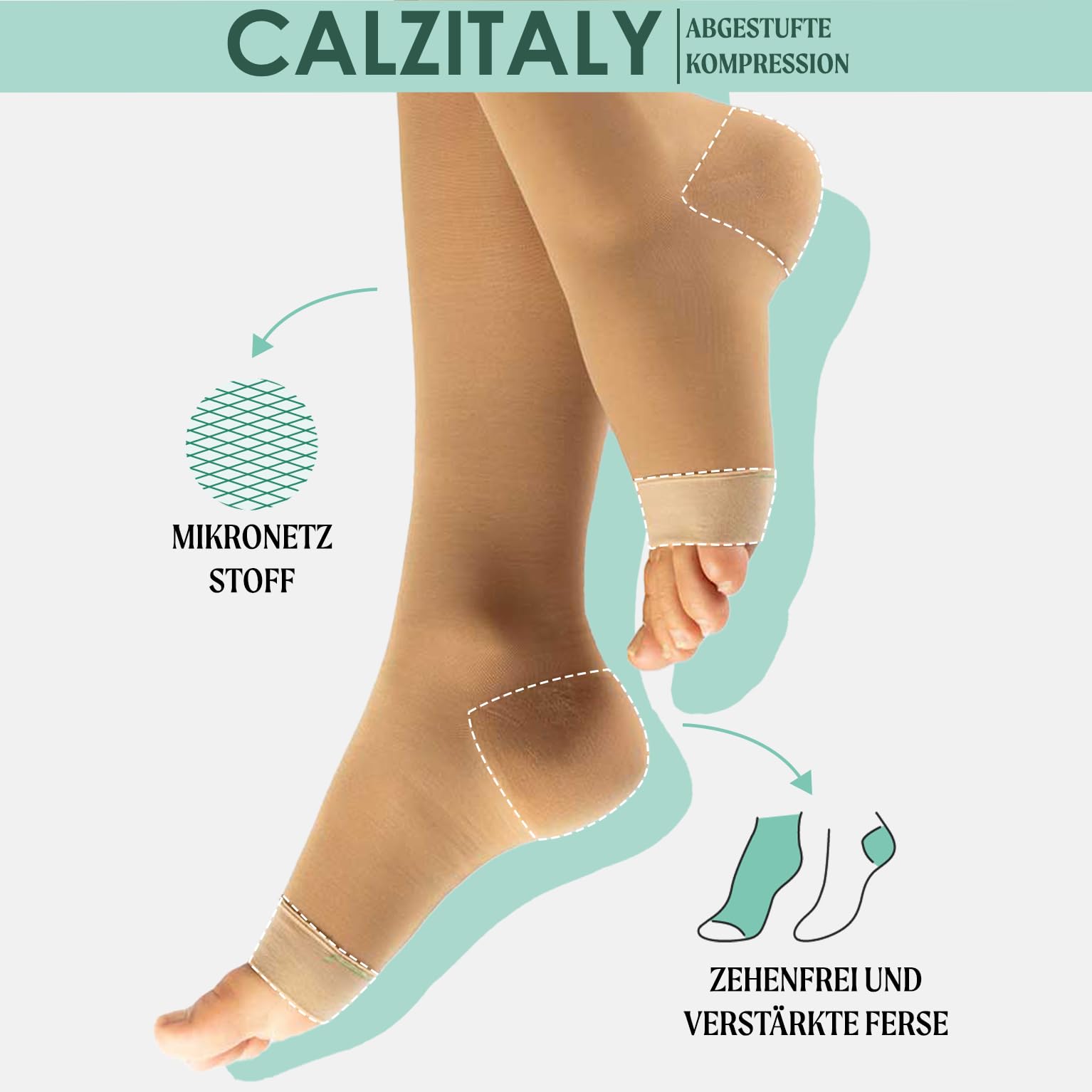 CALZITALY Zehenfreie Medizinische Halterlose mit Starker Abgestufter Kompression 18-22 mm/Hg | Schwarz, Hautfarbe | S, M, L, XL | 140 DEN | Made in Italy (M, Skin)