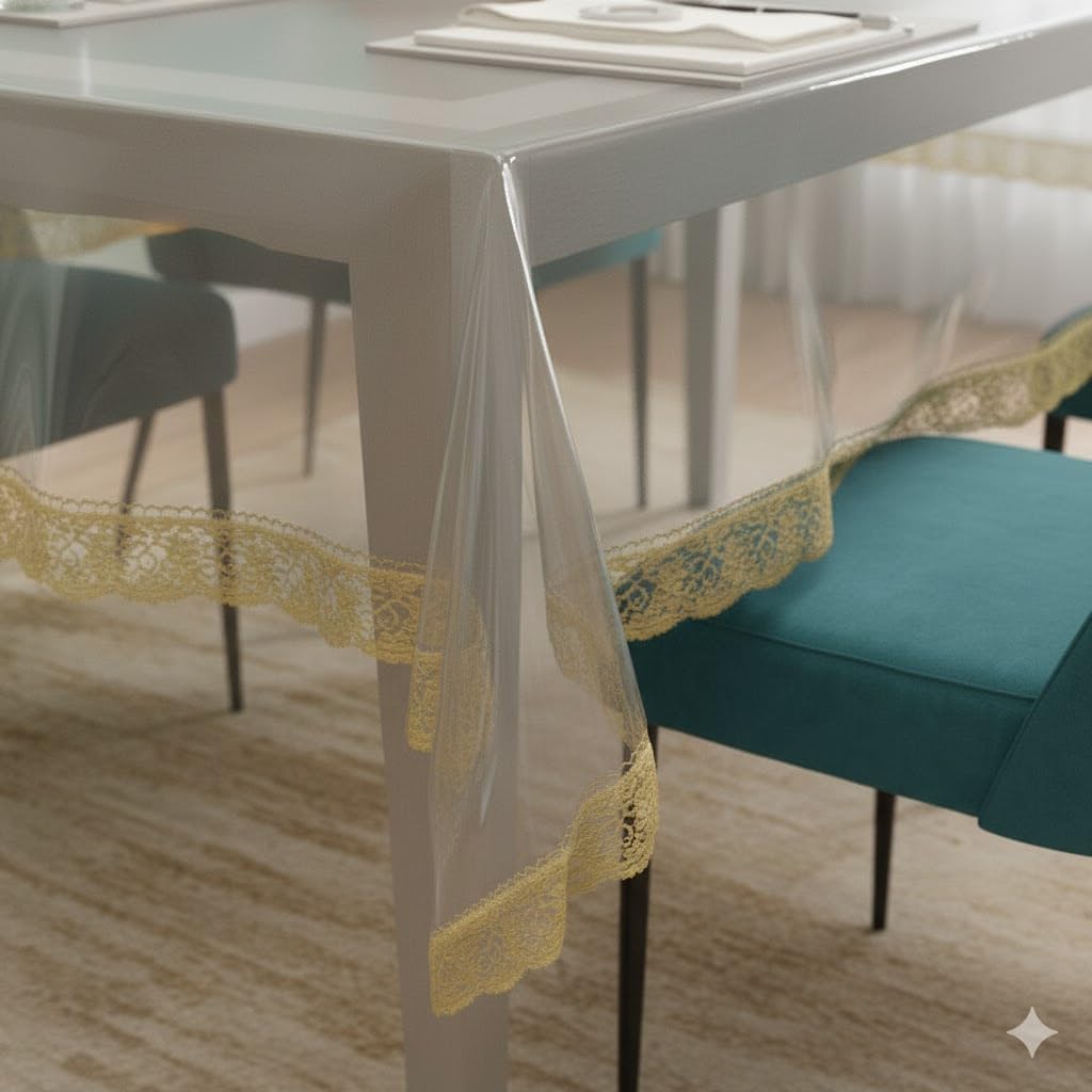 CASANEST Thick PVC Golden lace Waterproof Rectangular Dining Table Cover 10-12 Seater 60x120 inches, Transparent trans005(PVC, Pack of 1)-image-8