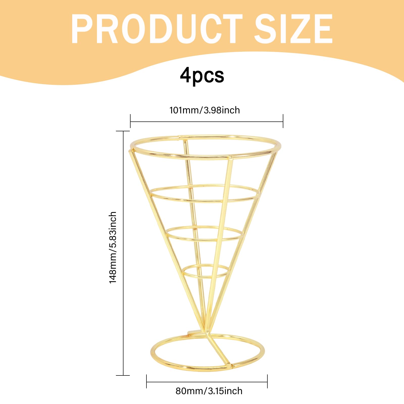 CHGCRAFT 4Pz Supporto per patatine fritte Cestino a cono porta patatine fritte Portacono in ferro Cestino per snack riutilizzabile per il ristorante della cucina del partito, Oro, 148×101×132mm