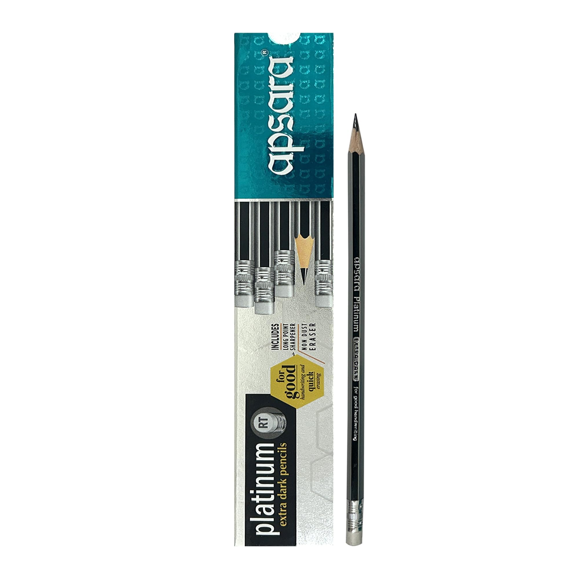 Apsara Platinum Extra Dark Pencils – Pack of 12 with Long Point Sharpener | Rubber-Tipped, Smooth & Durable Writing