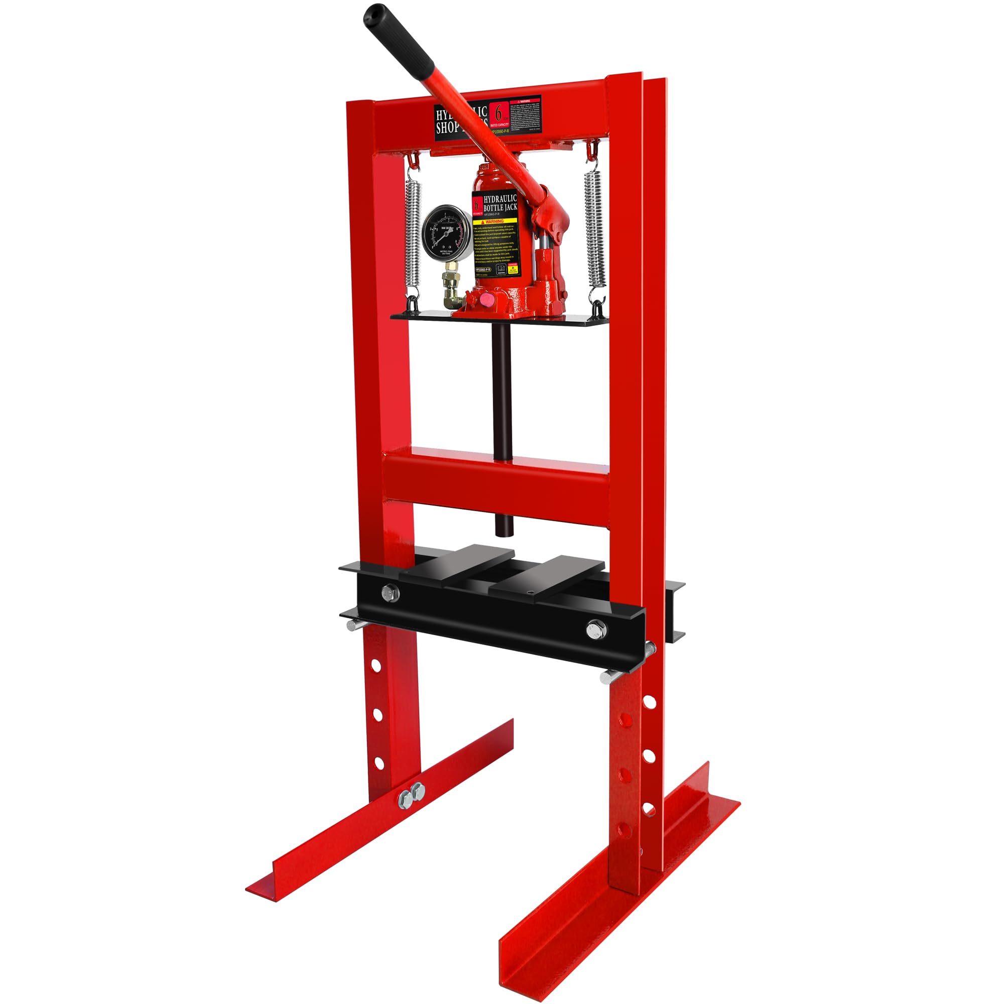 6 Ton Hydraulic Shop Floor Press, Steel H-Frame Shop Press with Pressure Gauge and Steel Plates Adjustable Working Table, Red