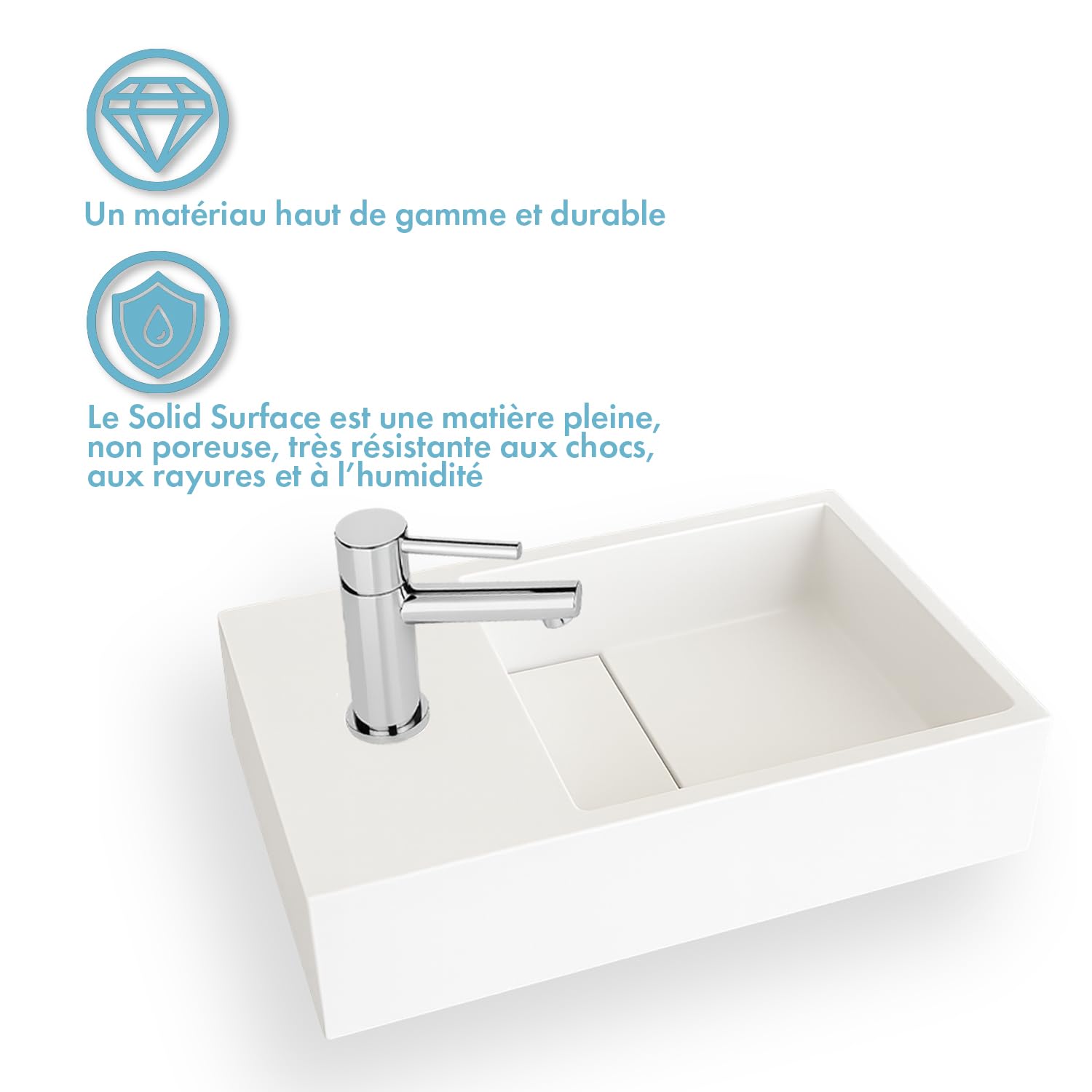 Lave-mains suspendu blanc mat MANITA G - Lavabo rectangulaire en Solid surface 35cm