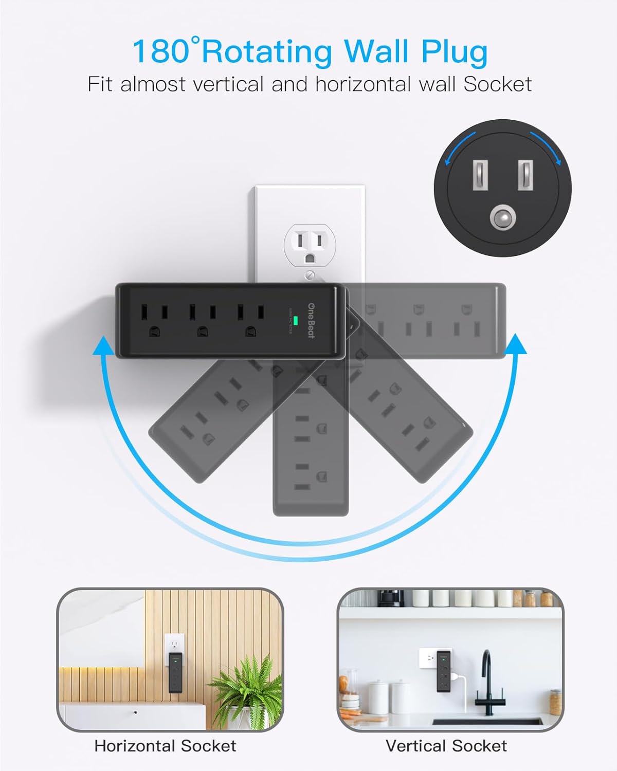 Surge Protector Outlet Extender with Rotating Plug, 9 AC Multi Plug Wall Outlet Expander, 1800J Wall Charger, 3-Sided Power Strip Electrical Plug Adapter Outlet Splitter for Home Office Dorm - Black