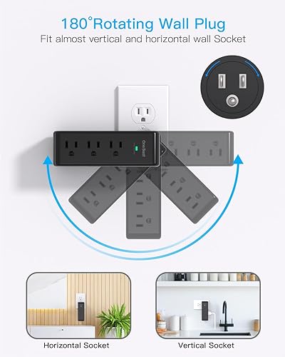 Miniatura 9 de Extensor de salida protector de sobretensiones con enchufe giratorio, 6 tomas de corriente alterna con 3 puertos USB (1 USB C), 1800 J, regleta Negro