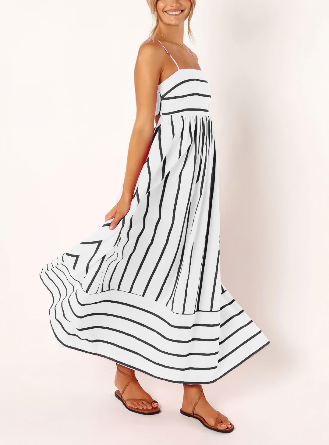 utcoco Womens Summer Striped Back Smocked Maxi Sundresses Spaghetti Strap Cut Out Flowy Swing A Line Long Dress - Image 4