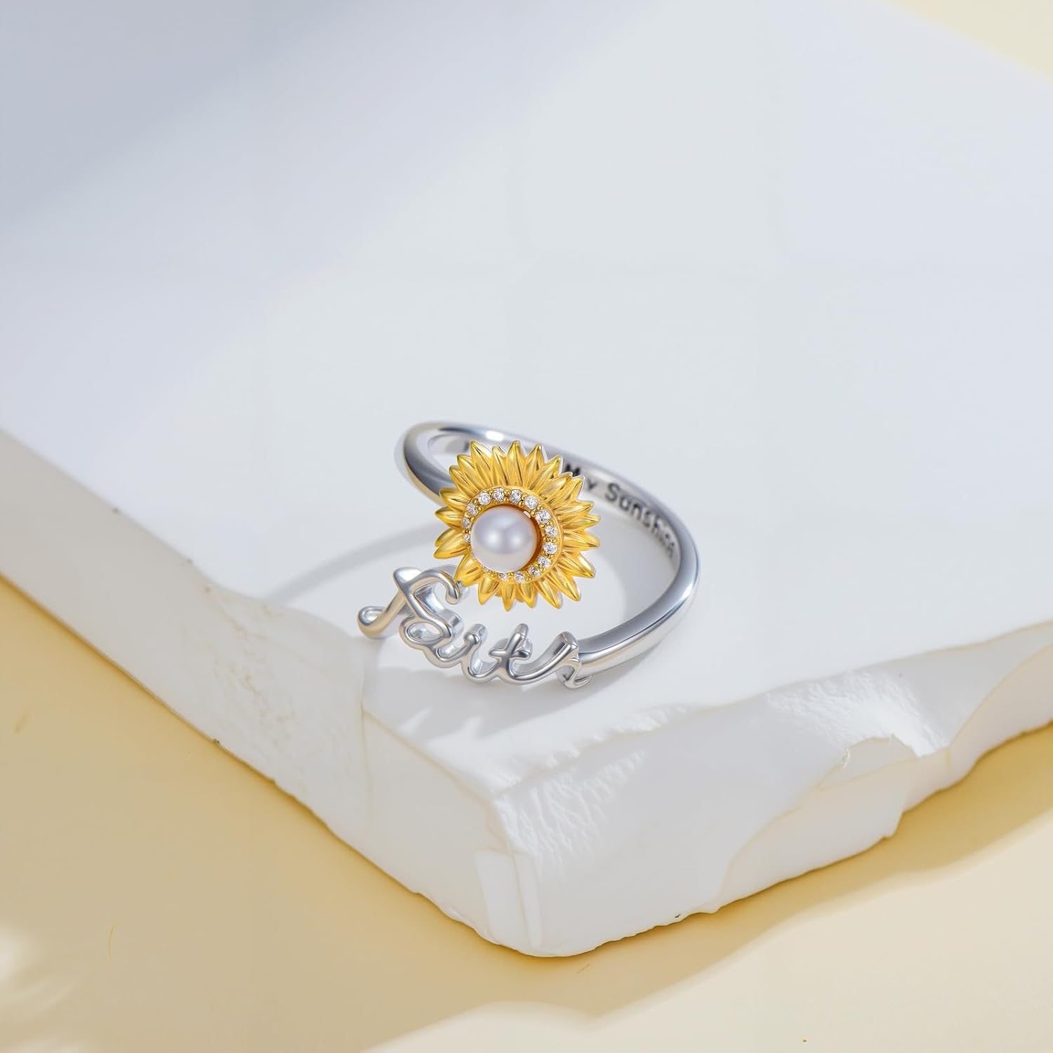 Sunflower Ring for Women 925 Sterling Silver Sunflower Faith Ring Freshwater Pearl You are My Sunshine Adjustable Open Band Rings Jewelry Gifts for Mom Wife