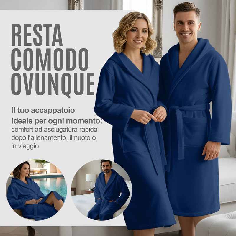 NARCISO - Accappatoio Uomo Donna Microfibra Economico con Tasche Cappuccio e Cintura, Ideale per Casa, Viaggio, Palestra, Tessuto Morbido e Comodo, Taglie dalla S alla XXL
