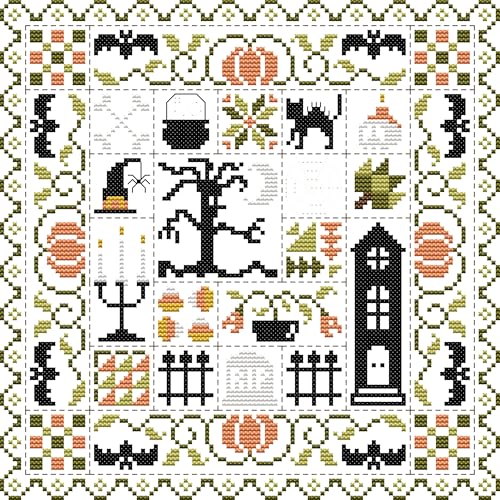 Image of Howie's Needlepoint Cross Stitch Kits, 14CT Pre-Printed Halloween Pattern Embroidery Kits, Full Range of Stamped Starter Needlework Kits (Halloween, 11.02 x 11.02 inch)