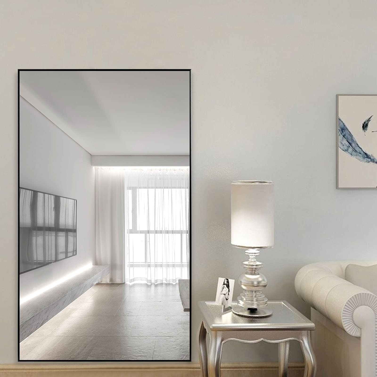 NeuType Full Length Mirror Hanging or Leaning Against Wall, Large Rectangle Bedroom Mirror Floor Mirror Dressing Mirror Wall-Mounted Mirror, Thin Frame,Black