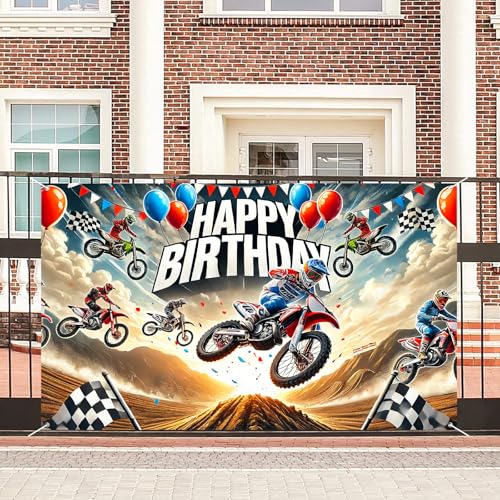 Image of Nuxovilar Motocross Happy Birthday Banner Backdrop 71 inchx43 Polyester | Dirt Bike Birthday Party Decorations Birthday Banner, Racing Backdrop Yard, Garage, Room (Dirt Bike)