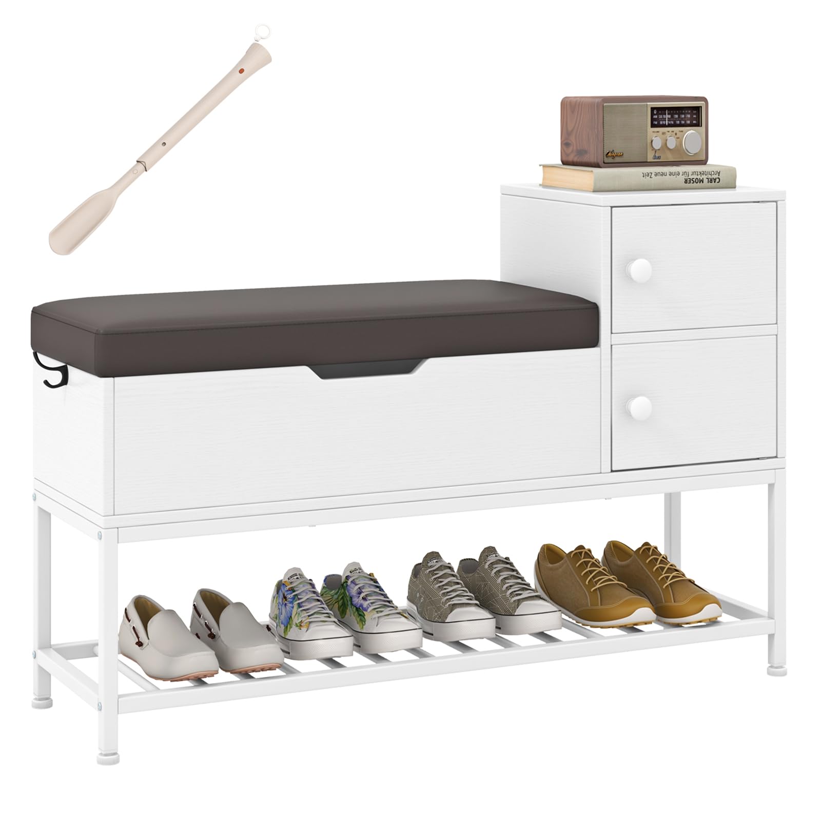 COSTWAY Banco Zapatero, Caja Abatible y 2 Puertas, Zapatero con Asiento, Calzador Retráctil, Gancho Lateral, Banco con Almacenaje Recibidor Entrada Pasillo, Blanco, 100 x 30 x 68 cm