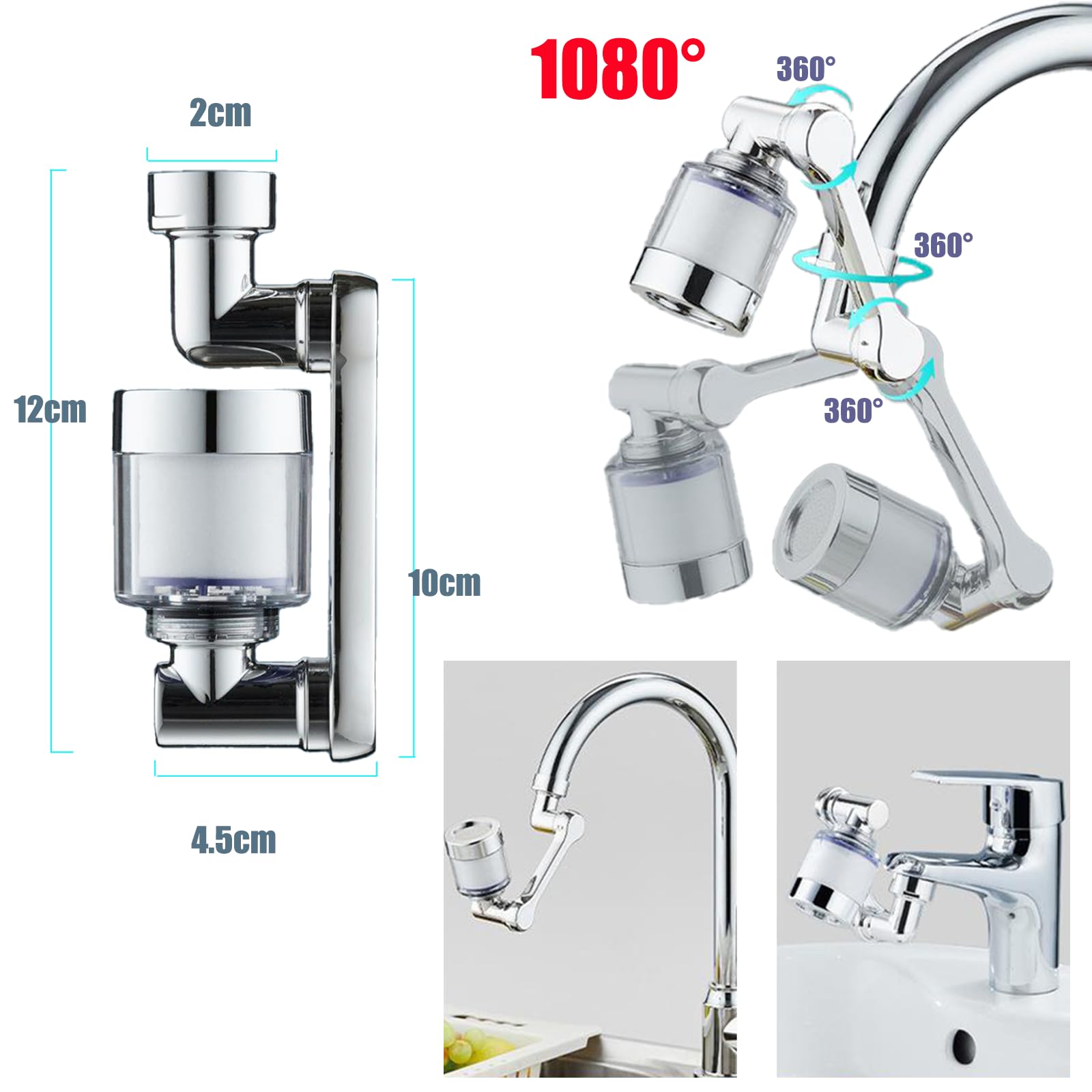 Faucet Mount Filters with 4 Filter Cartridges, 1080° Rotating Robotic Arm Faucet - Image 2