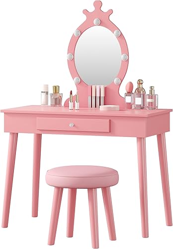 Miniatura 7 de Vabches Juego de tocador para niños con luces, juego de tocador con espejo y taburete, mesa de maquillaje de madera para princesas con cajón para