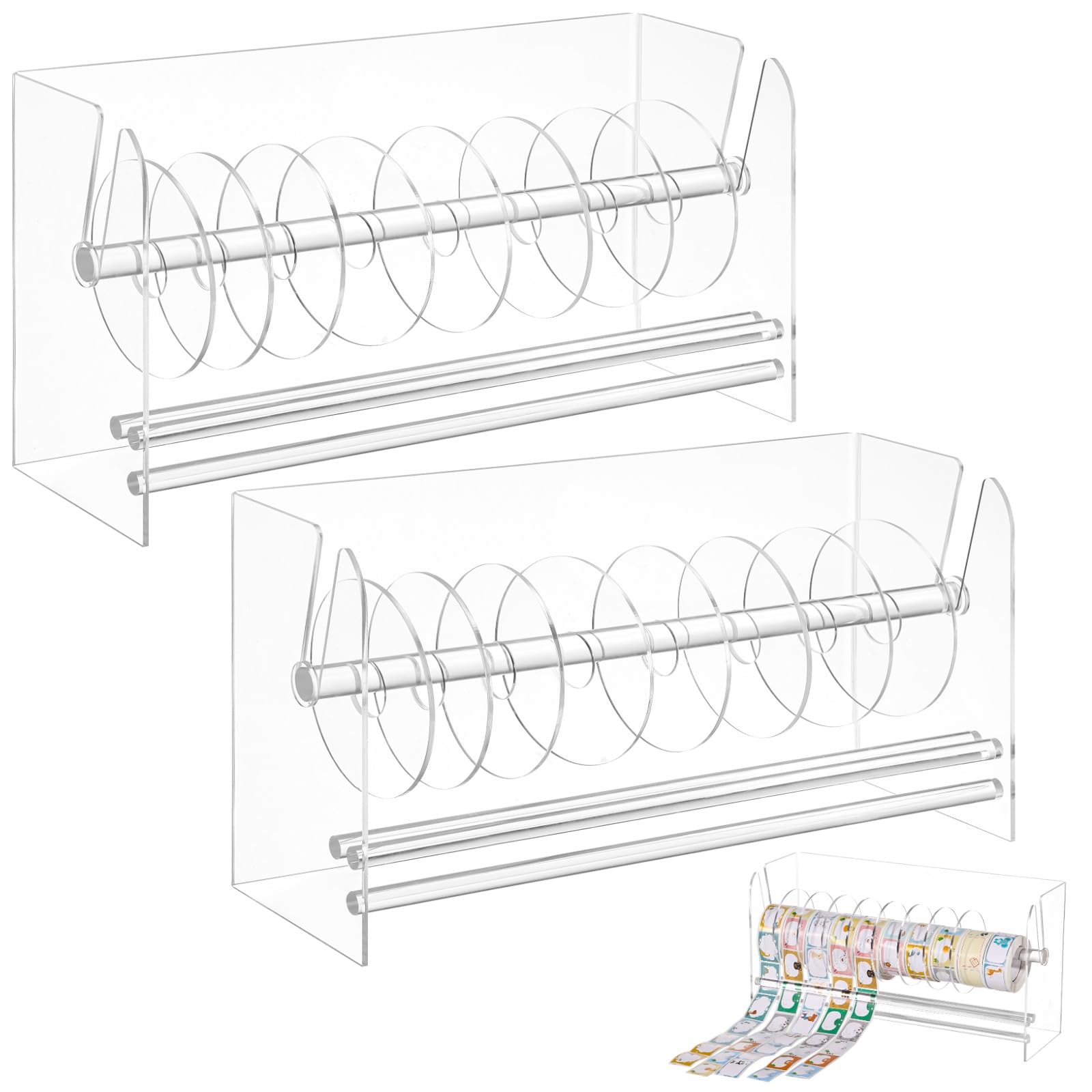 Lot de 2 porte-rouleaux d’étiquettes, distributeurs de ruban en acrylique transparent, supports de bureau ajustables, séparateurs amovibles pour rouleaux d’autocollants