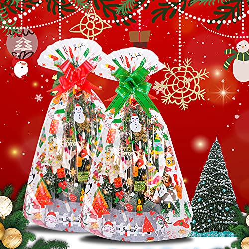 20Pcs Christmas Basket Bags 24X36 Inch Snowman Santa Cellophane Bags With Pull Bow Set 10 Christmas Packaging Bags 10 Ribbon Bows #TOP4