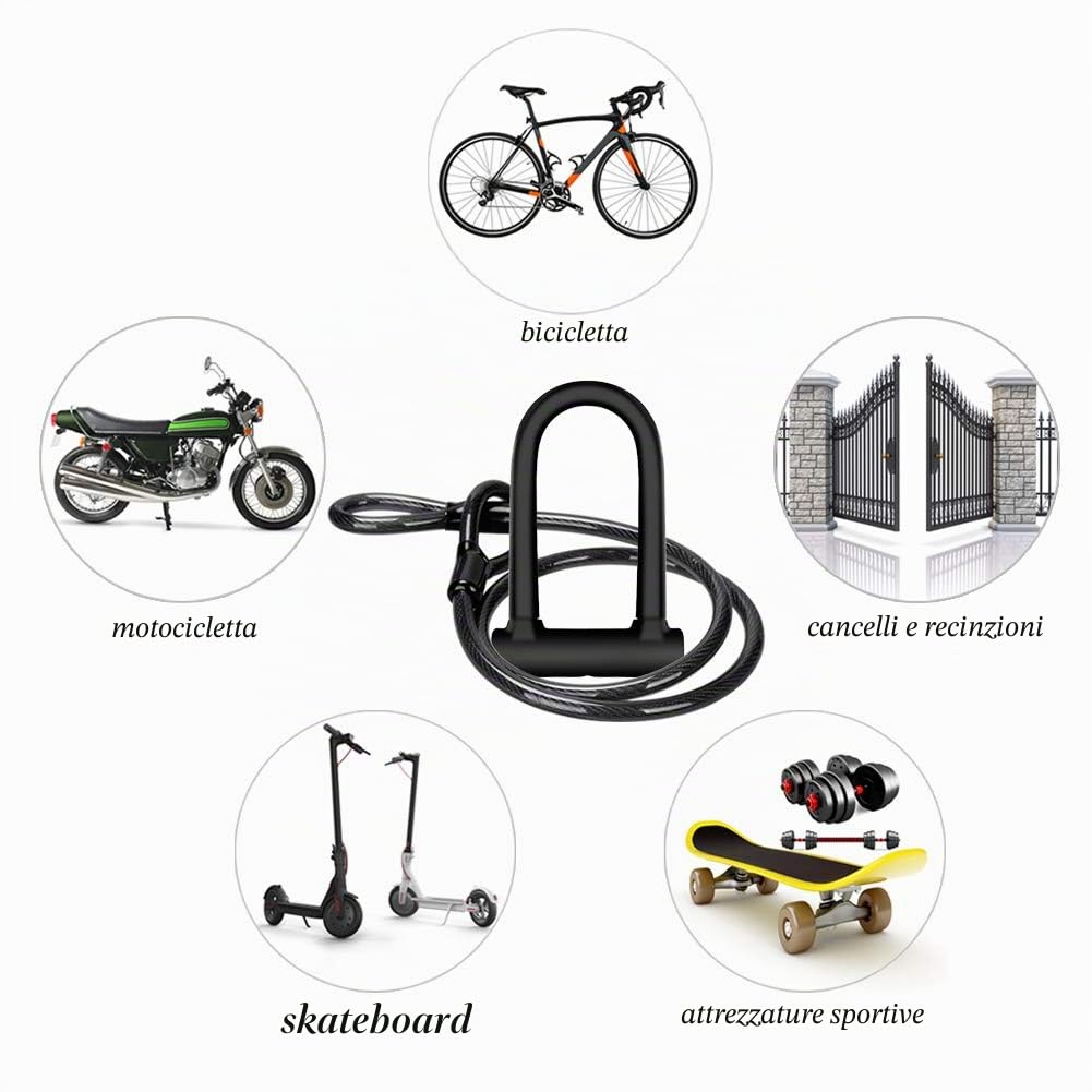 Lucchetto per Bicicletta, Resistente al Taglio, con Cavo Nero da 1,2 m e Staffa di Montaggio