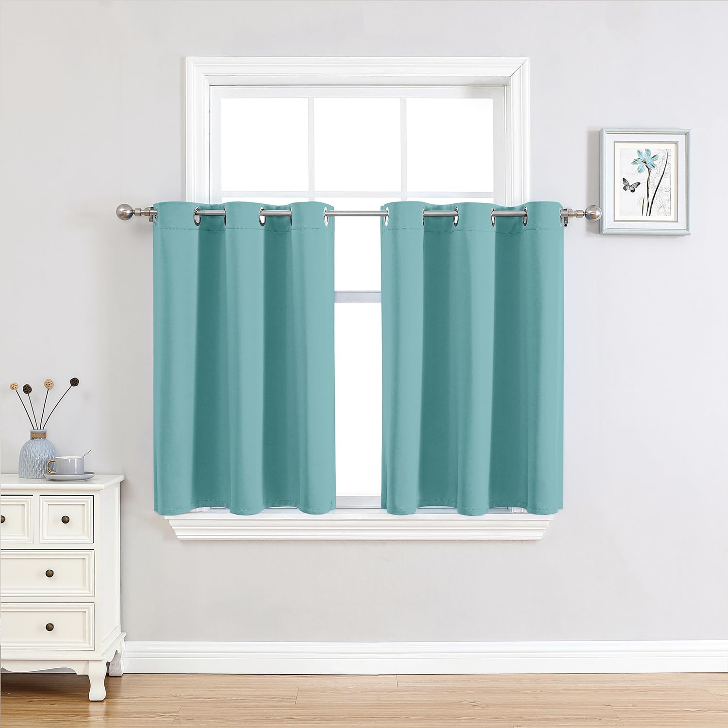 ChrisDowa Small Blackout Curtains for Kitchen and Bedroom 36 Inches Long | 2 Panels Set, Thermal Insulated, Room Darkening, Grommet, Short Window Drapes, for Living Room, Aqua, 52 x 36 Inch