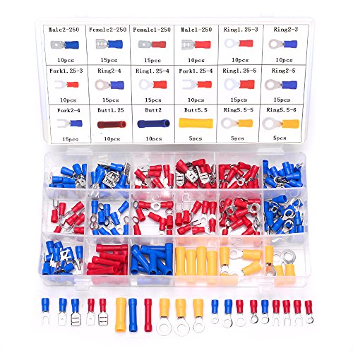 Accessbuy 200pcs Insulated Electrical Wire Connector Crimp Connectors Spade Ring Butt Terminal Set