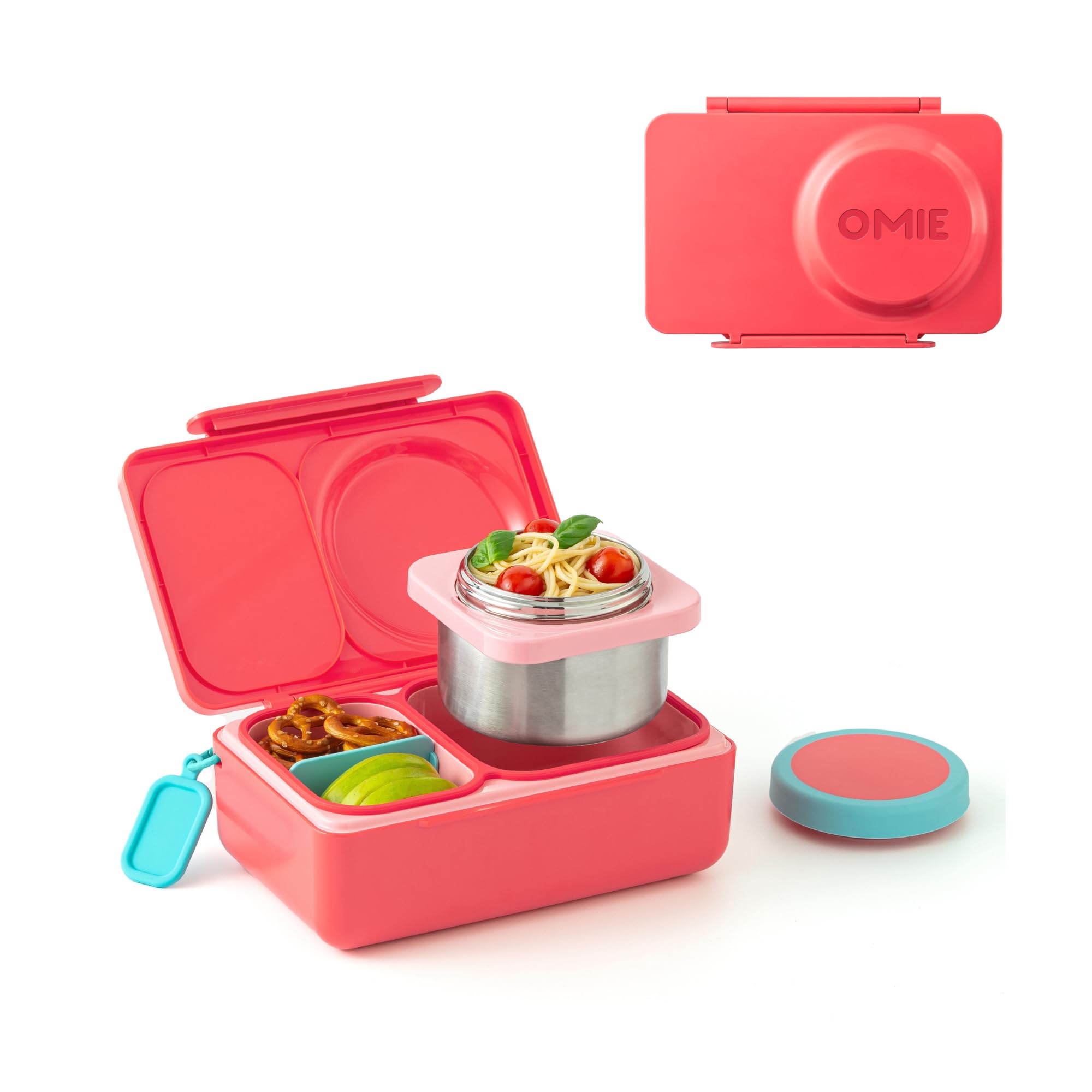 OmieBox UP bento box for kids | Insulated lunch box | Leak proof thermos food jar | Cooler ice pack | 2 Compartments (Cherry Pink)