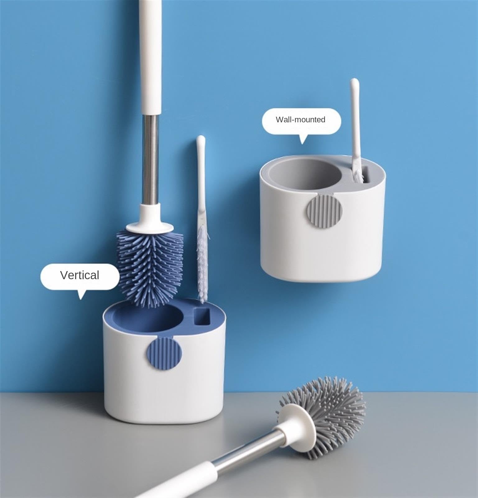Cepillos de Inodoro con cerdas de Silicona, para Inodoro de Pared, de pie, para baño (Azul, 14 x 10,5 x 45 cm)