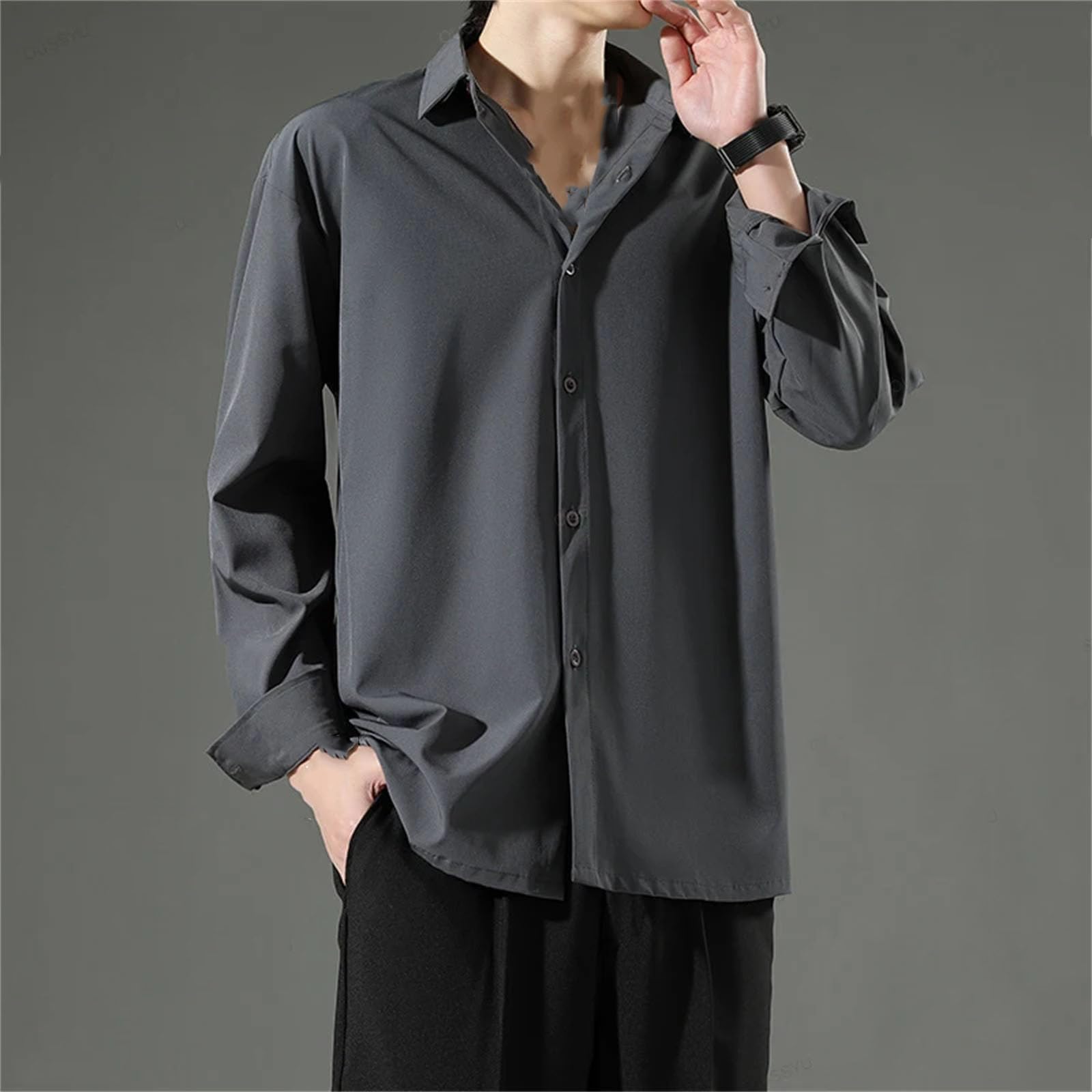 Primavera Affari Non Stiratura Nero Manica Lunga Camicia per gli Uomini Ice Silk Stile Coreano Casual Camicie Bianche Uomini di Grandi Dimensioni