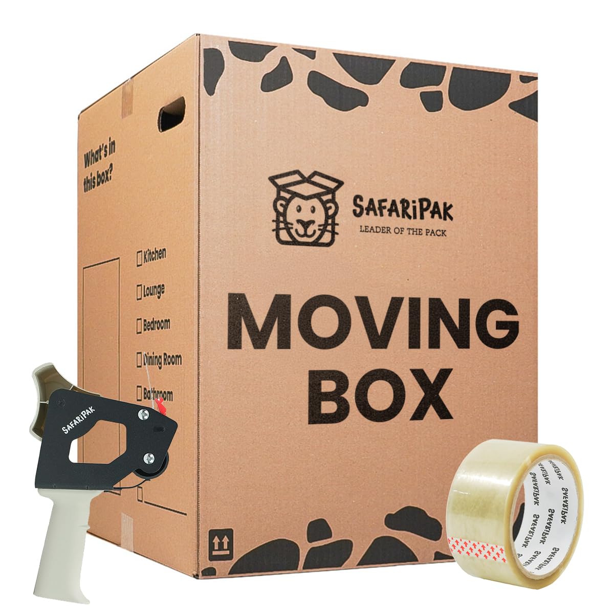 SAFARIPAK - 10 Pack Strong Tall Extra Large 60cm x 44.5cm x 44cm Cardboard Storage Packing Moving House Boxes with Carry Handles & Room List Checkboxes - 115 Litres Capacity - Inc 66m Tape & Tape Gun