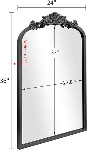 Miniatura 3 de Espejo de pared tradicional arqueado negro, 24 x 36 pulgadas, elegante espejo de baño con marco mate adornado, decoración del hogar de inspiración