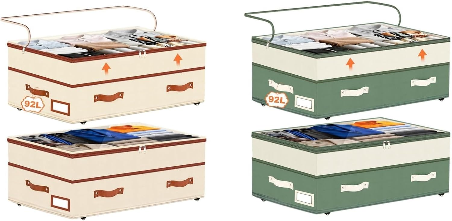 Dolicer 4 Pack Under Bed Storage with Wheels (Beige & Green), 4 Pack 92L XXXL 6in-10in Height Adjustable Underbed Storage Containers