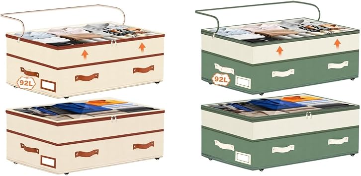 Dolicer 4 Pack Under Bed Storage with Wheels Beige & Green, 4 Pack 92L L 6in-10in Height Adjustable Underbed Storage Containers