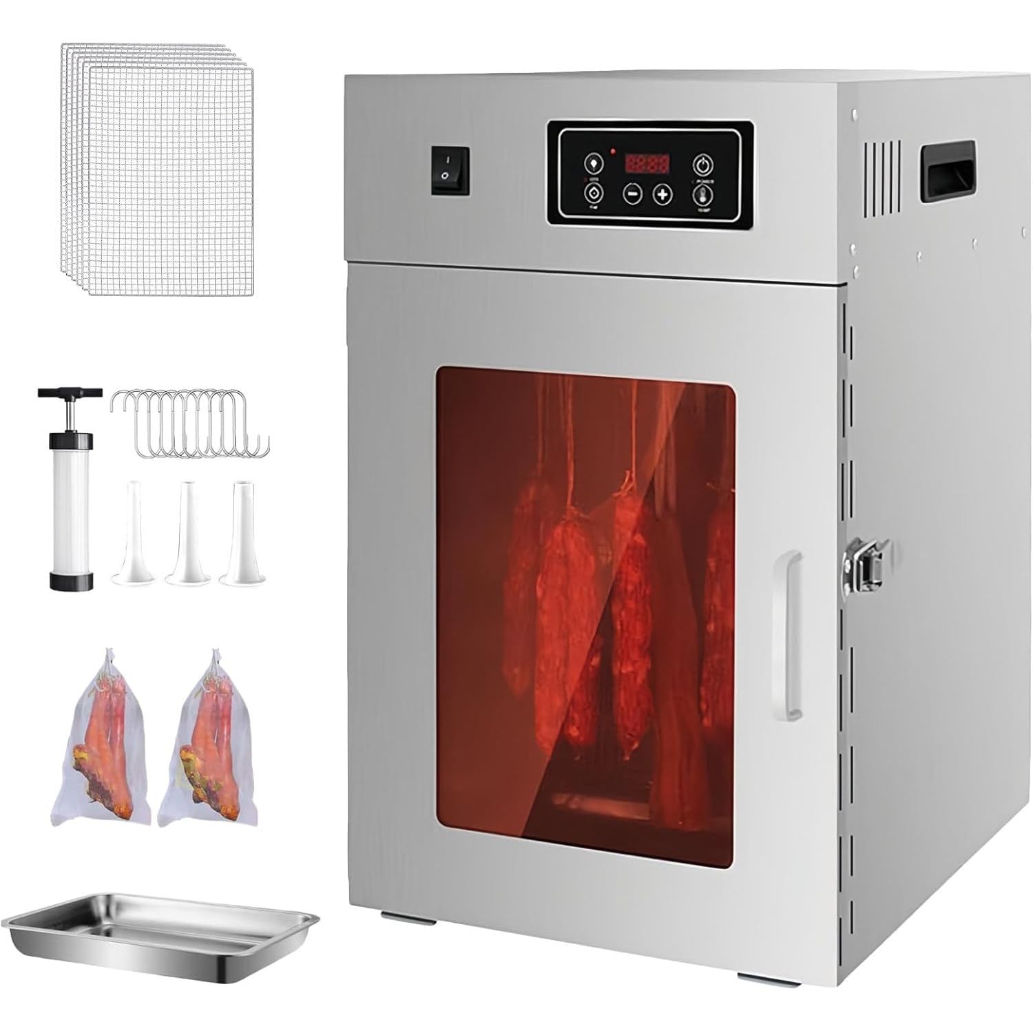 Maszynka do jerky wołowego, Suszarka do żywności ze stali nierdzewnej – 800W Elektryczna suszarka z 10 półkami i 14 hakami, Regulowany timer, Kontrola temperatury, Do ziół, przysmaków dla psów
