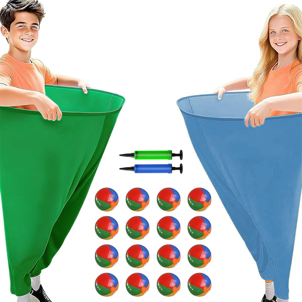 JOAASU Granny Pants Yard Game Set, 2 Pairs Kids Giant Pants, 16 Colourful Bouncy Balls & 2 Pumps, Funny Outdoor Toss Game for Garden, Lawn & Party, Fun for Kids & Family, 60 x 80cm, Green & Blue