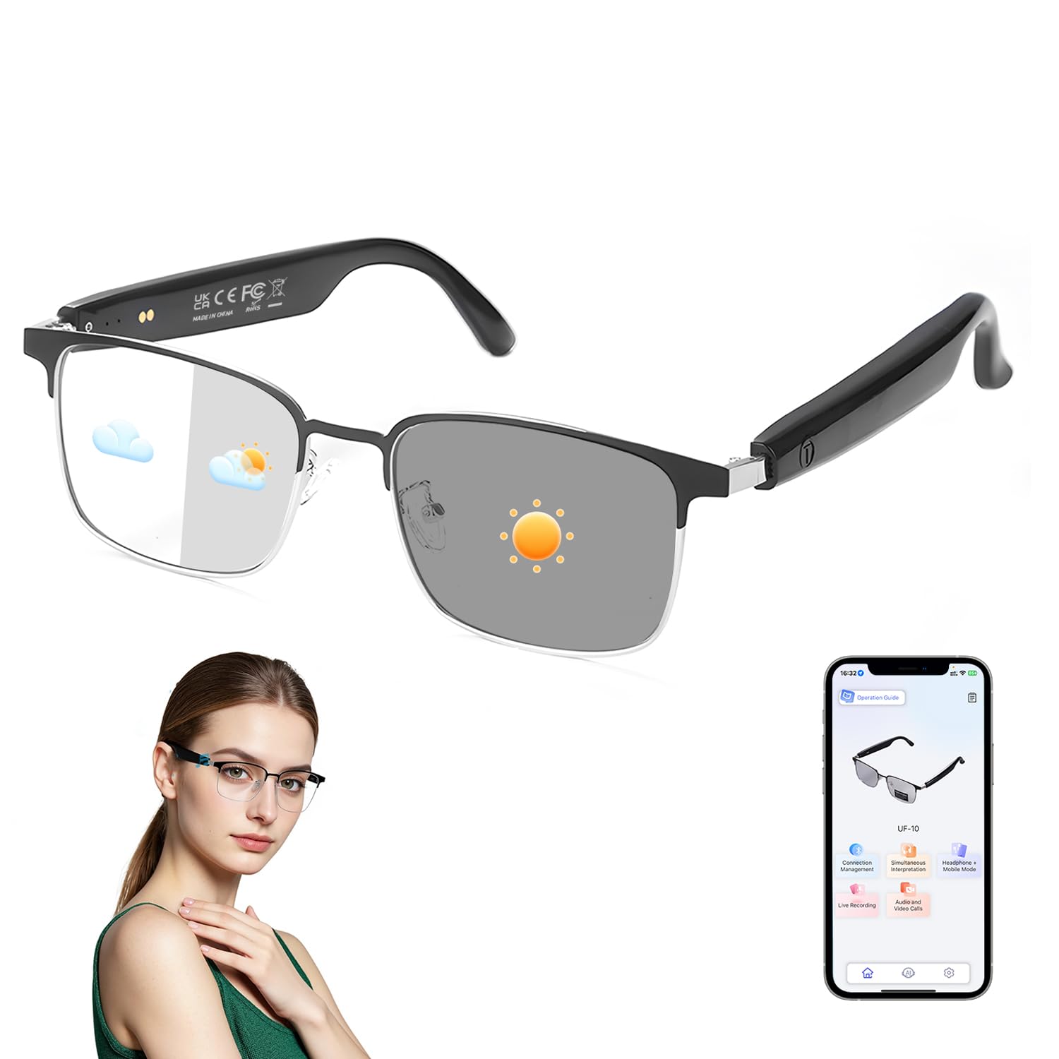 Smart AI Translator Glasses, Clear Blue Light Glasses for Woman Men, Simultaneous Interpretation Eyeglasses for 110+ Languages, Real-Time Translation, Remote Shooting,AI Smart Sunglasses for Travel -S