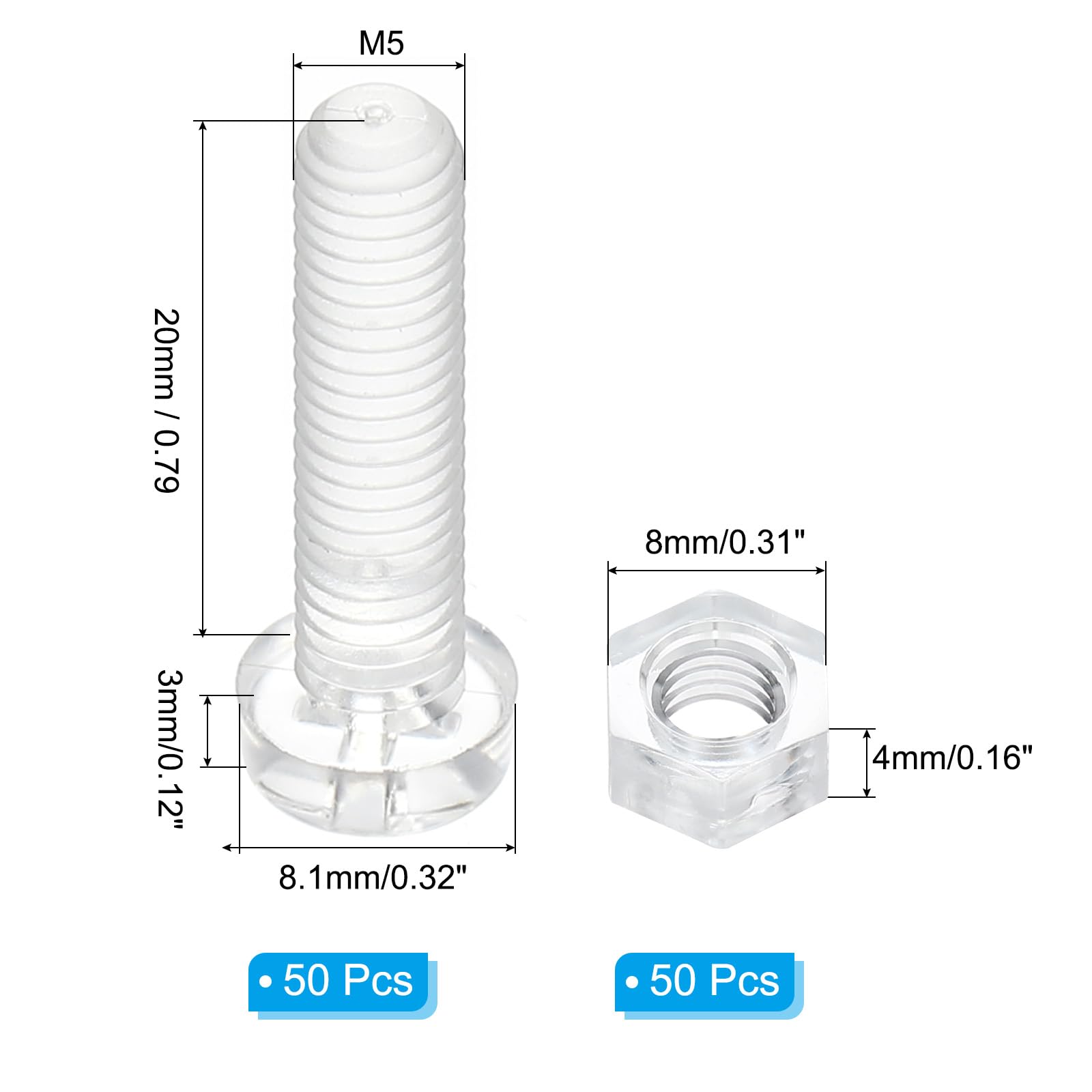 PATIKIL M5x20mm Clear Acrylic Screws and Hex Nuts Kit, 50 Set PC Plastic Phillips Round Head Bolts for Machine Accessories Transparent - Image 2